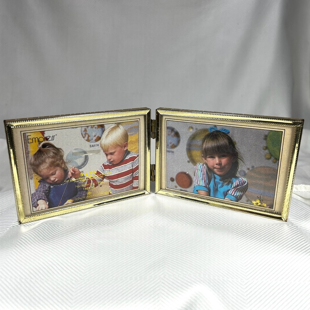 VTG Empress Hinged Double Picture Frame Gold Tone Landscape Folding 3.5x5